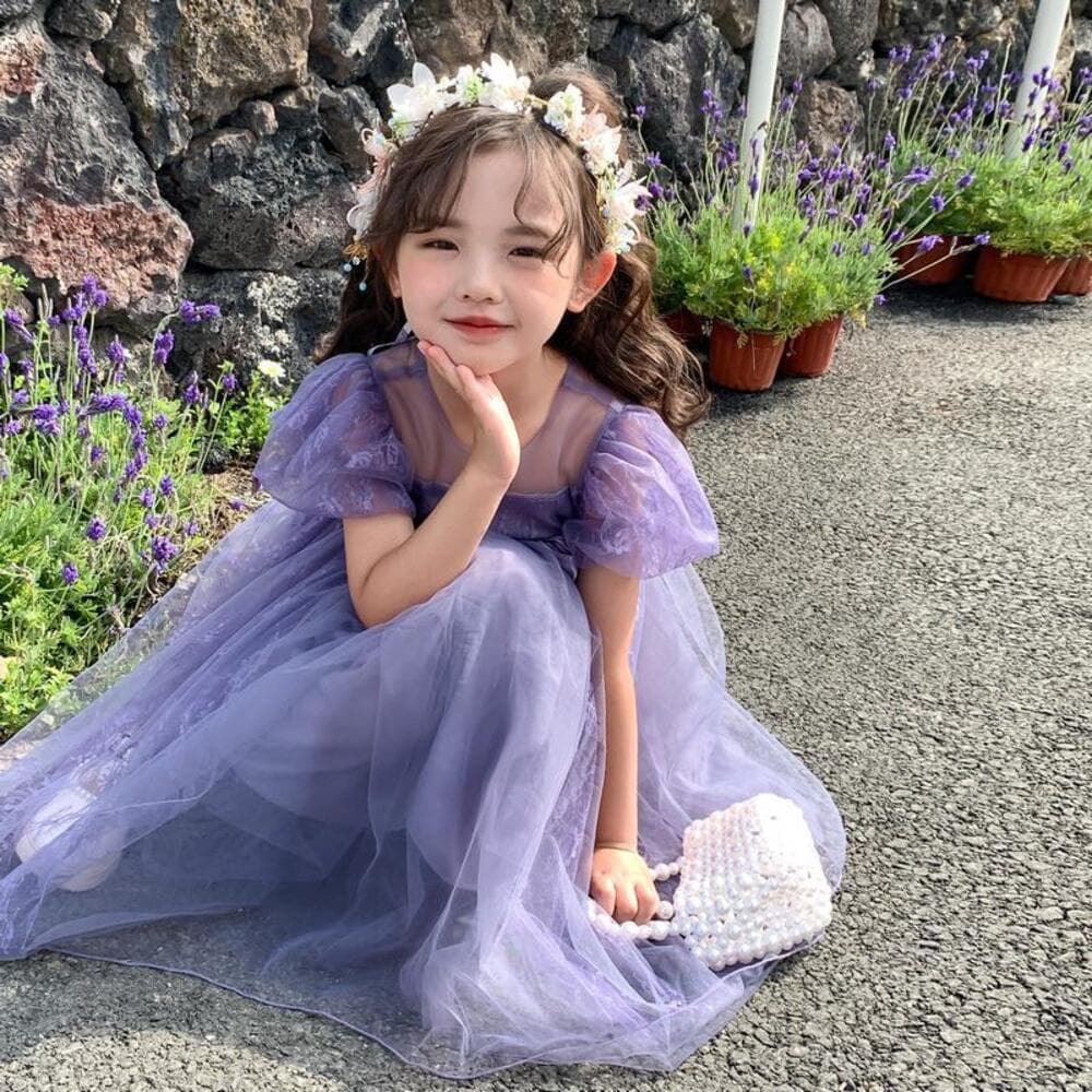 ピアノ発表会 結婚式用 子どもドレス パープルパフスリーブワンピース
