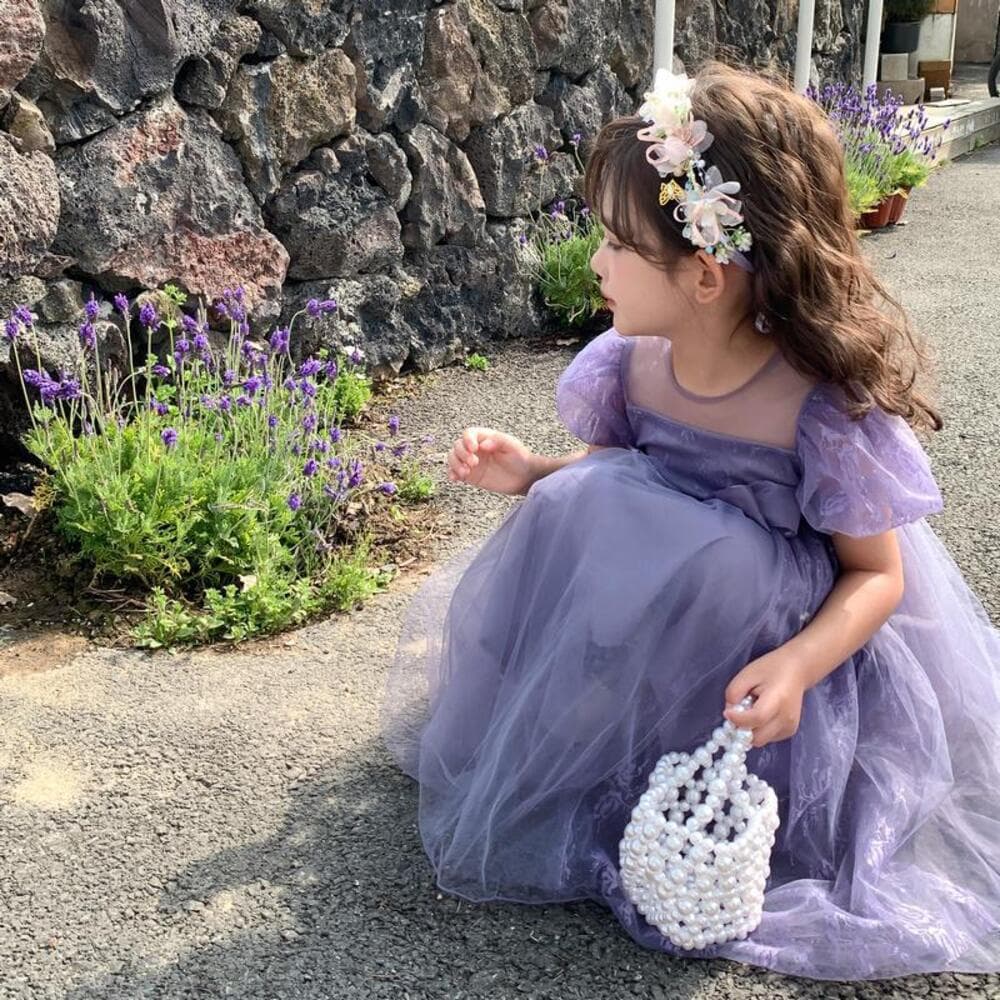 ピアノ発表会 結婚式用 子どもドレス パープルパフスリーブワンピース
