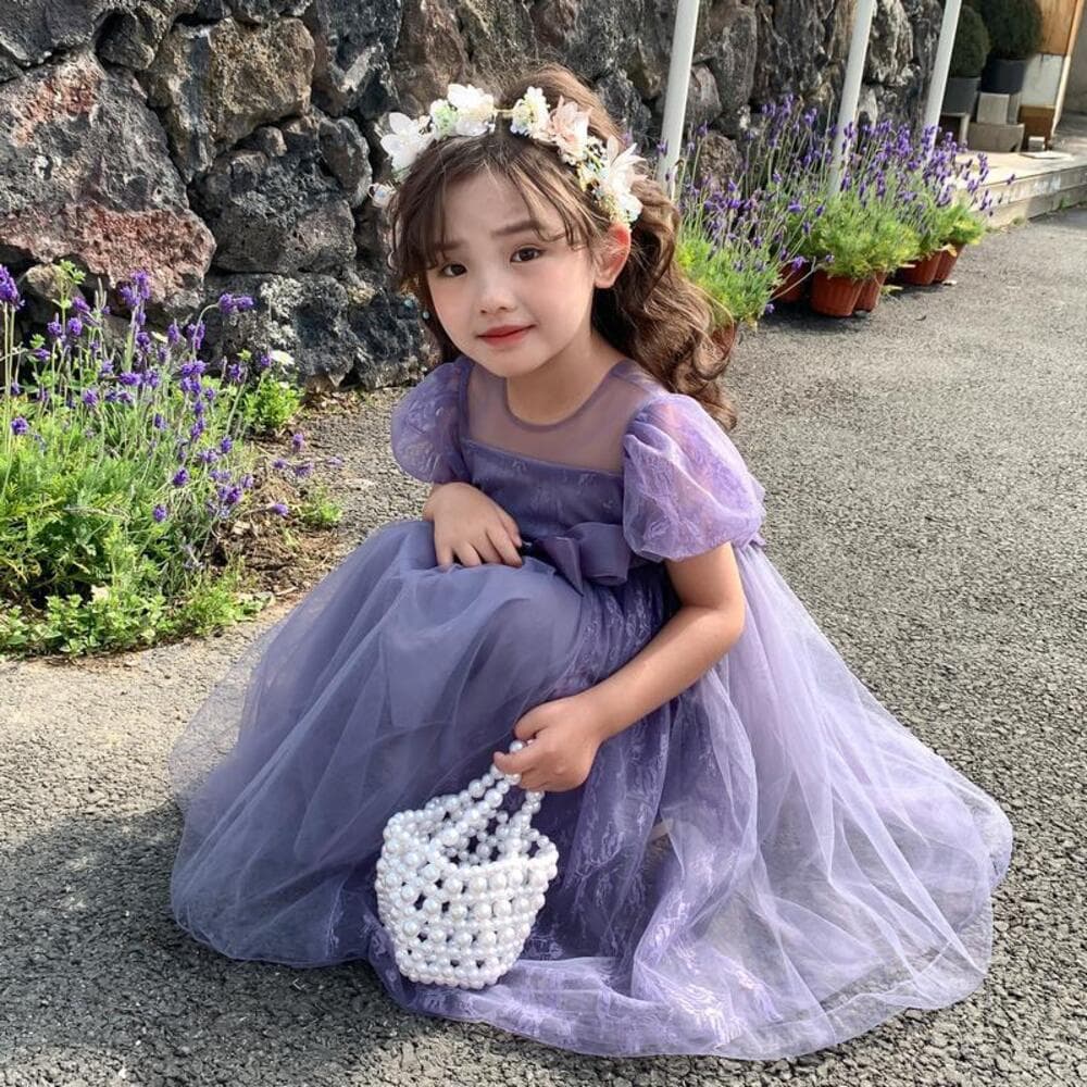 ピアノ発表会 結婚式用 子どもドレス パープルパフスリーブワンピース