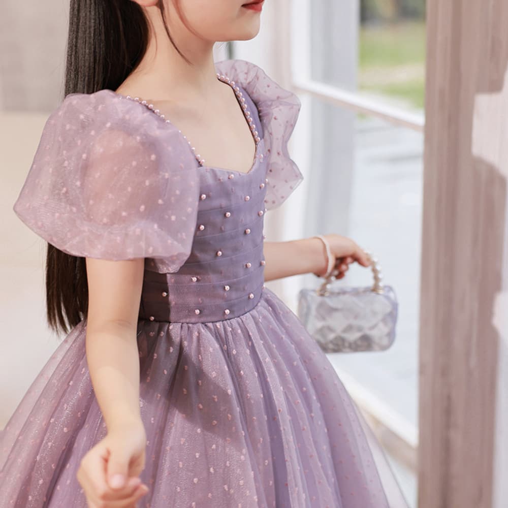 ピアノ発表会 結婚式用 子どもドレス ドッド刺繍パフスリーブキッズドレス