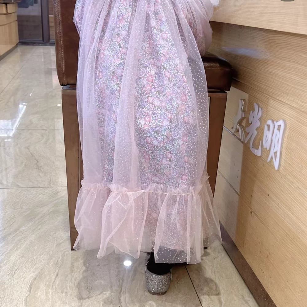 ピアノ発表会 結婚式用 子どもドレス 花柄チュール丸襟ワンピース