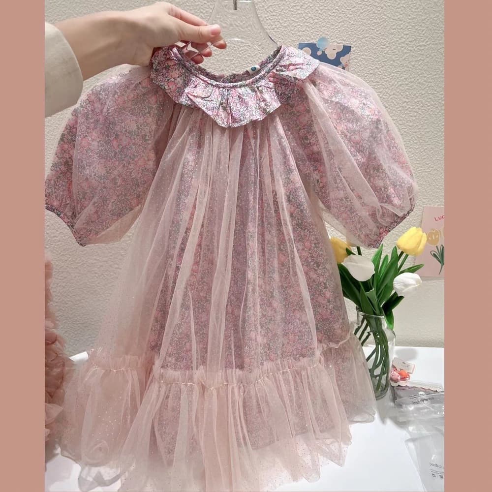 ピアノ発表会 結婚式用 子どもドレス 花柄チュール丸襟ワンピース