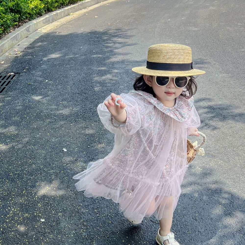 ピアノ発表会 結婚式用 子どもドレス 花柄チュール丸襟ワンピース