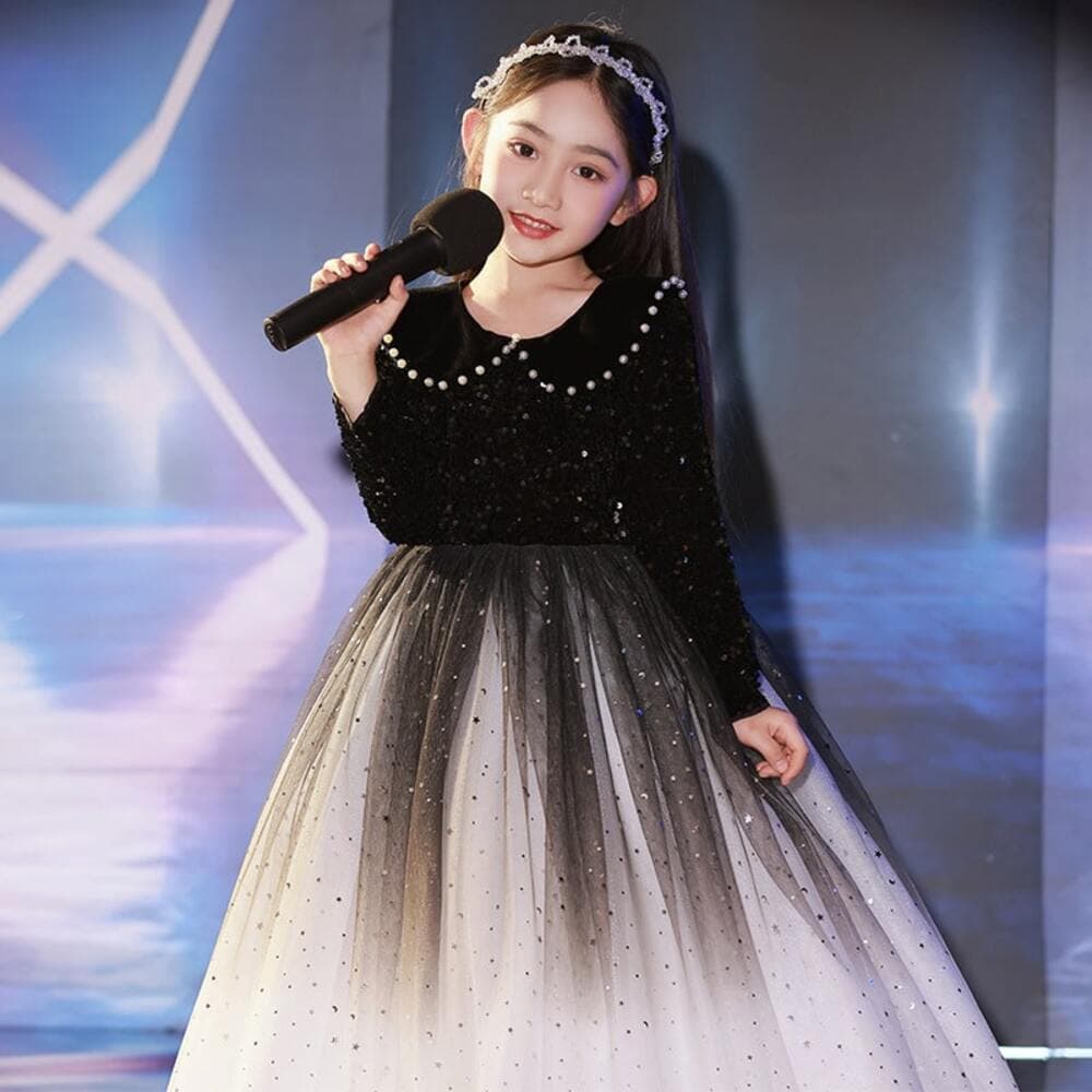 ピアノ発表会 結婚式用 子どもドレス ブラックグラデーション パフロングスリーブドレス