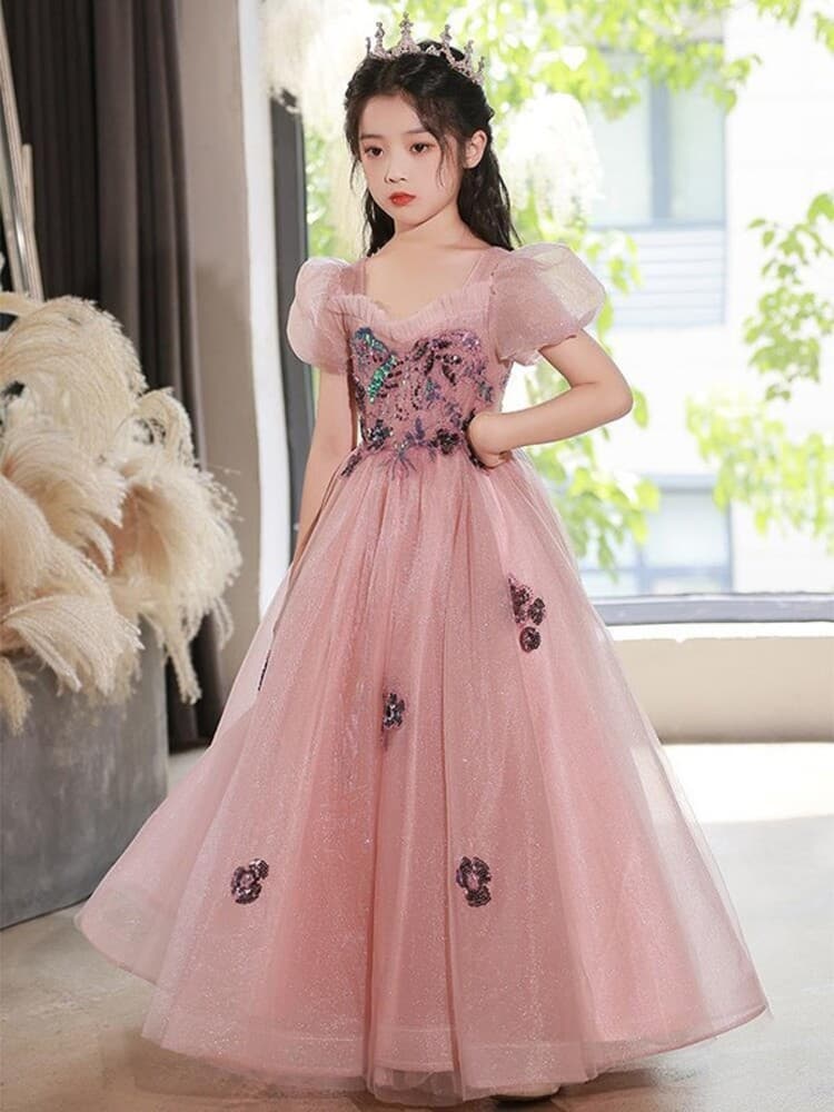 ピアノ発表会 結婚式用 子どもドレス キラキラチュール パフスリーブ 子どもドレス