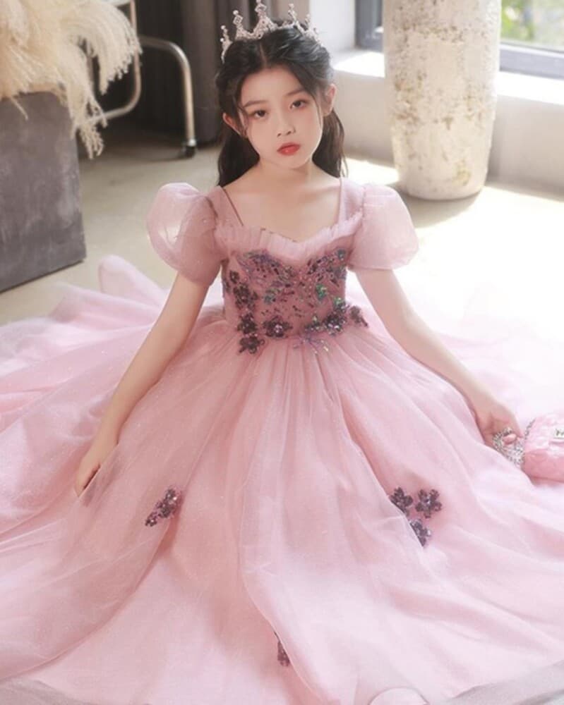 ピアノ発表会 結婚式用 子どもドレス キラキラチュール パフスリーブ 子どもドレス