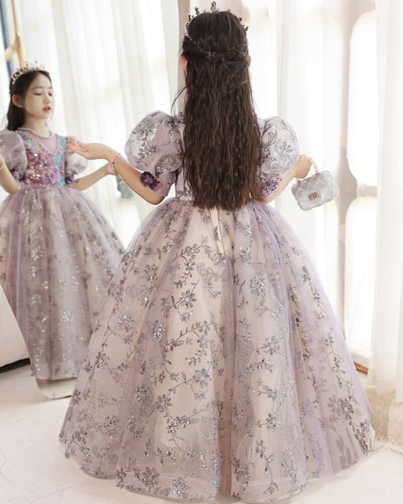 ピアノ発表会 結婚式用 子どもドレス フラワースパンコールパフスリーブキッズドレス