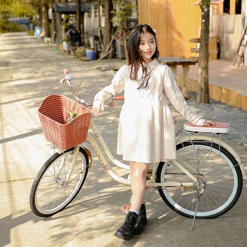 キッズドレス 少女の上品リボン付きニットワンピース