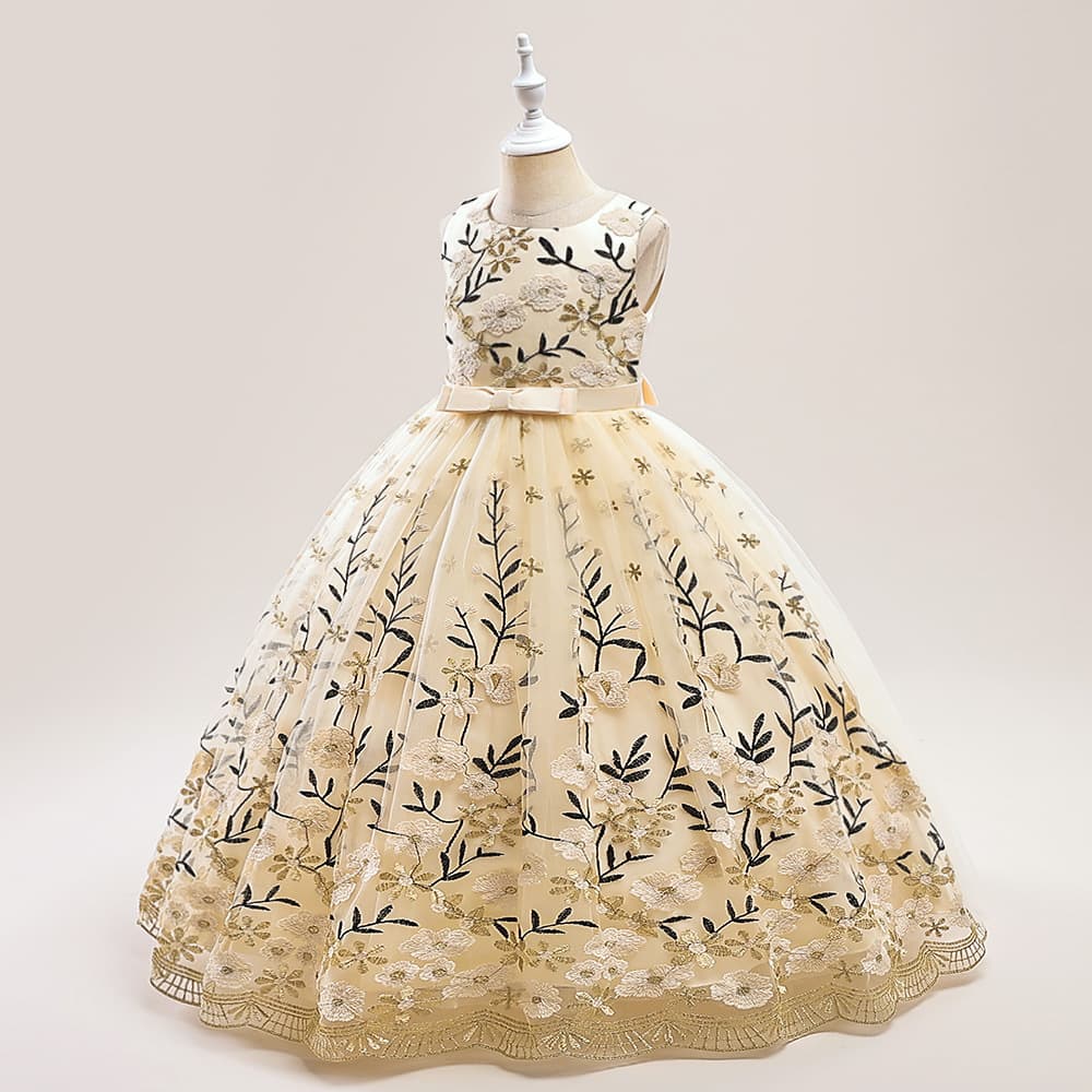 ピアノ発表会ドレス 結婚式用 キッズドレス ピアノ発表会用ドレス 花刺繍 ロング丈 子供 結婚式 誕生日 発表会 3色 子供ドレス