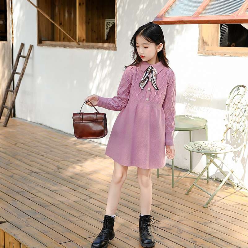 キッズドレス 少女の上品リボン付きニットワンピース