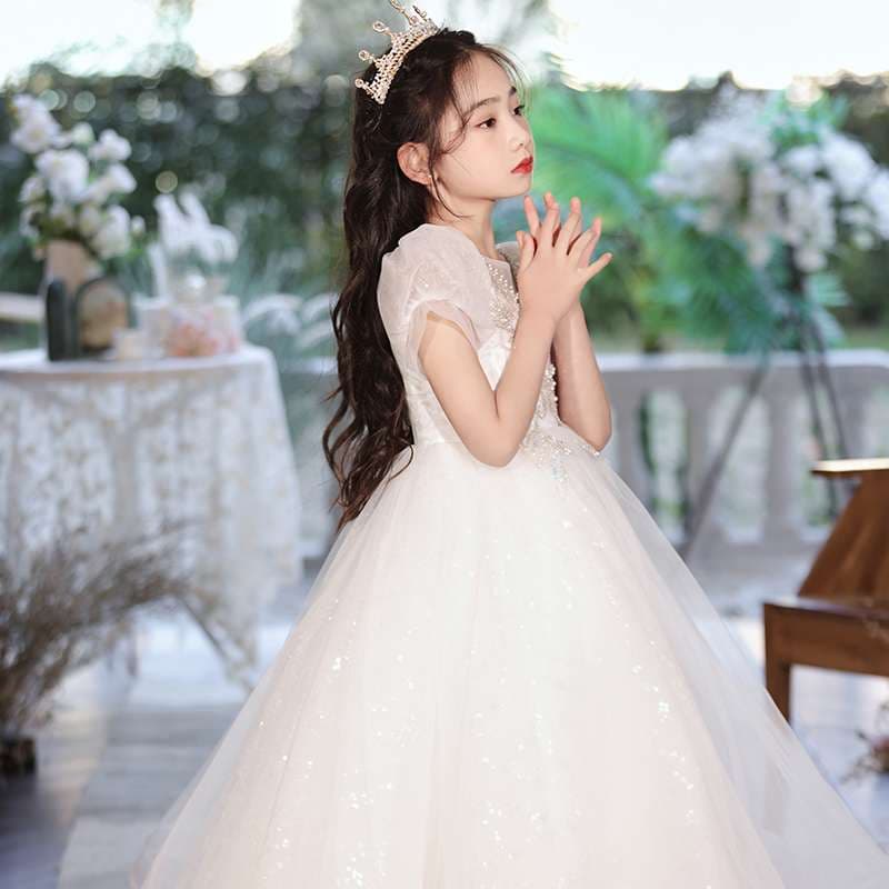 キッズドレス プリンセス風キラキラティアラ付きロングドレス