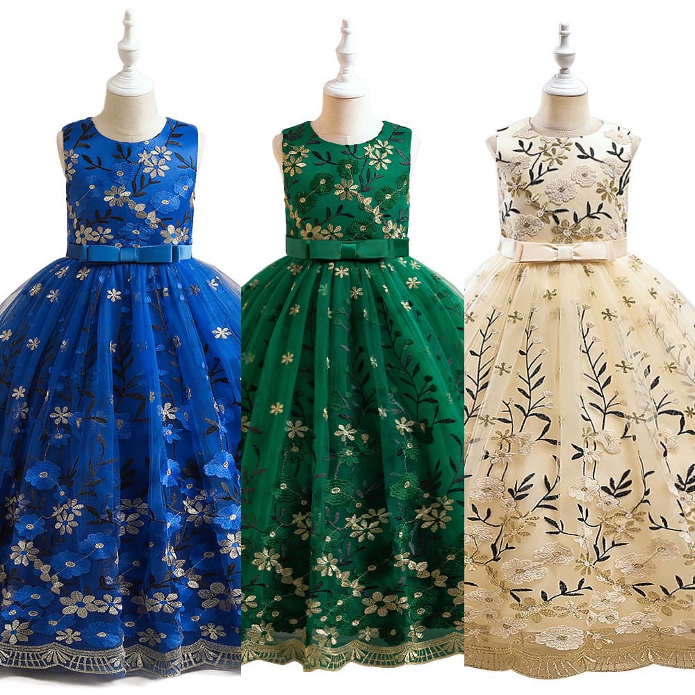 ピアノ発表会ドレス 結婚式用 キッズドレス ピアノ発表会用ドレス 花刺繍 ロング丈 子供 結婚式 誕生日 発表会 3色 子供ドレス