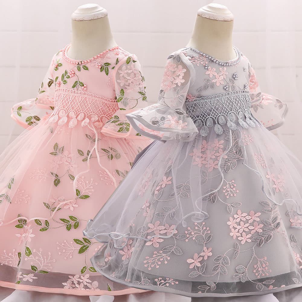 ピアノ発表会ドレス 結婚式用 キッズドレス リングガール 花刺繍フリル 結婚式 誕生日 フォーマル 2色