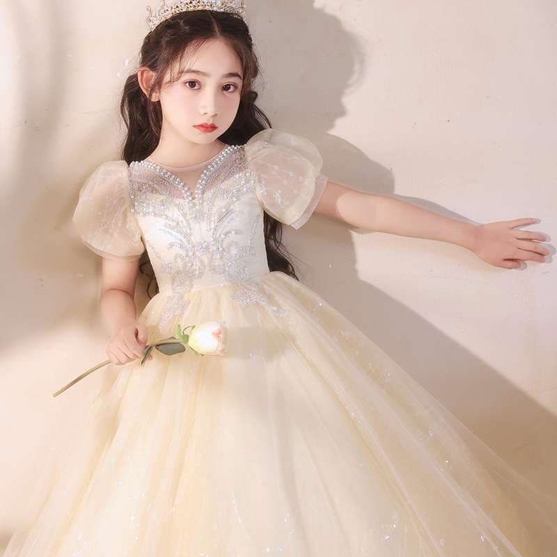 キッズドレス プリンセス風キラキラティアラ付きロングドレス