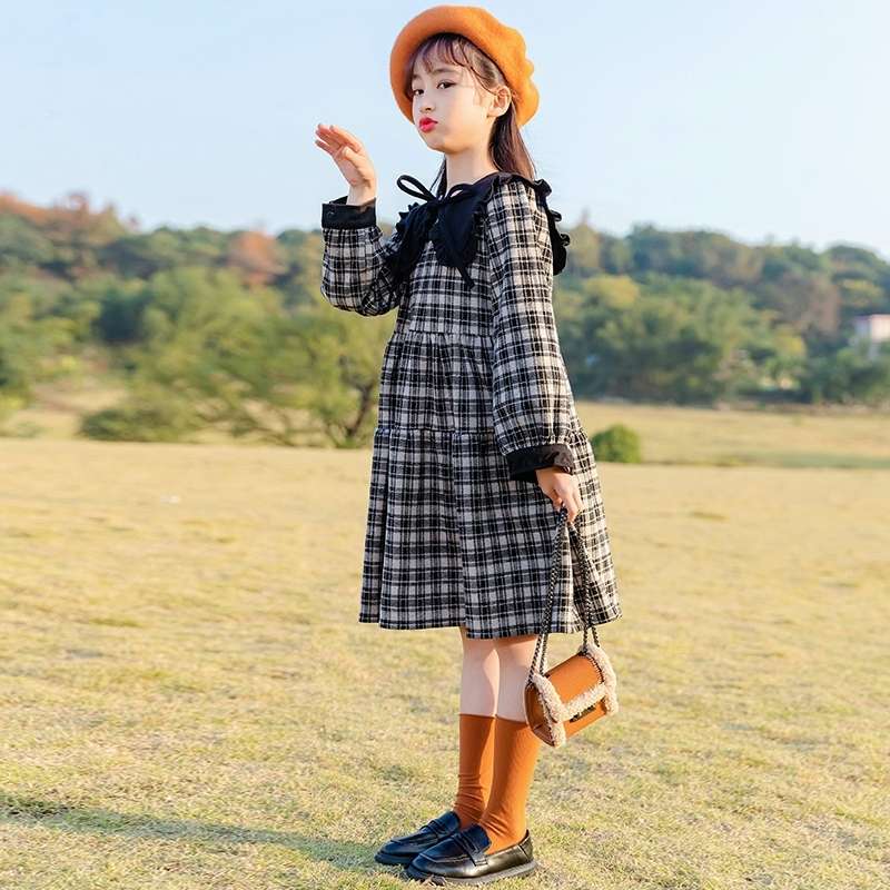 キッズドレス チェック柄フリルカラーワンピース