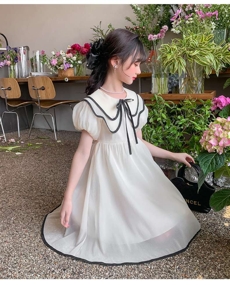 キッズドレス リボン付きパフスリーブワンピース