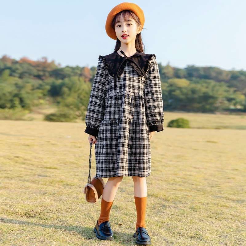 キッズドレス チェック柄フリルカラーワンピース