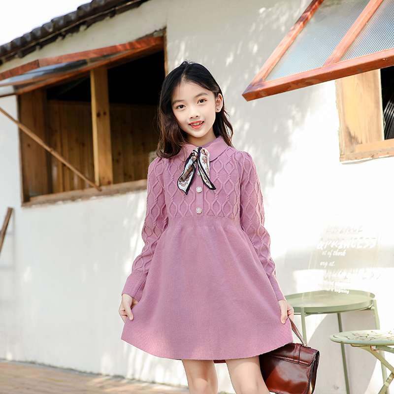 キッズドレス 少女の上品リボン付きニットワンピース