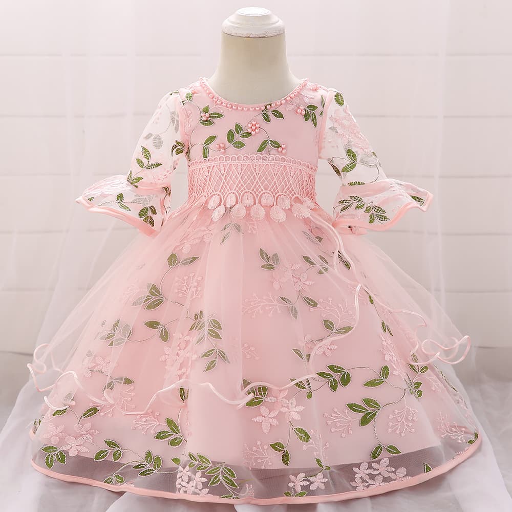 ピアノ発表会ドレス 結婚式用 キッズドレス リングガール 花刺繍フリル 結婚式 誕生日 フォーマル 2色