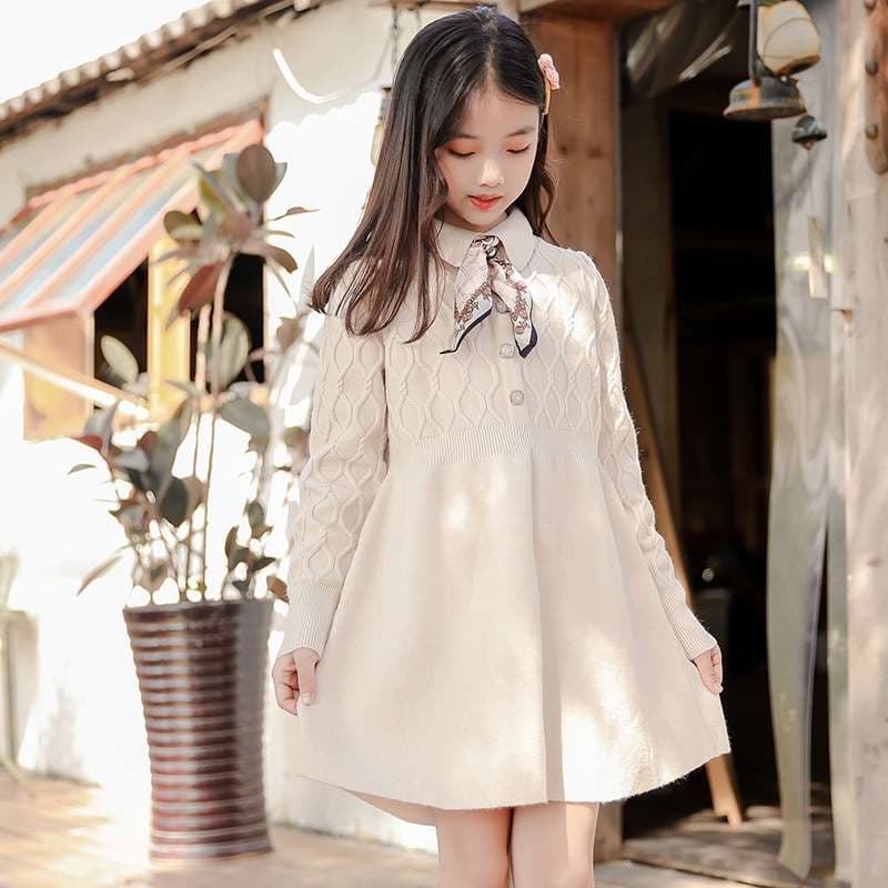 キッズドレス 少女の上品リボン付きニットワンピース
