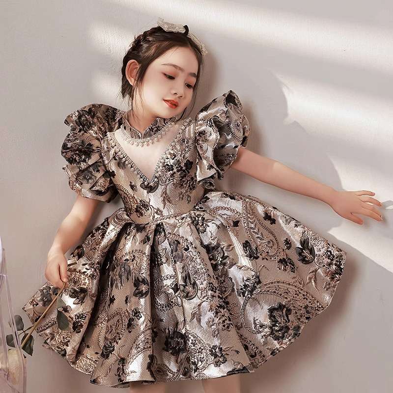 キッズドレス レトロ調花柄プリンセスドレス